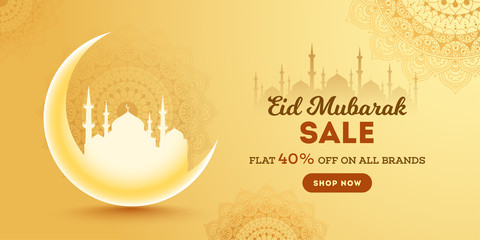 Eid Mubarak Sale header or banner design with 40% off on all brands. Decoration of moon and mosque on yellow floral seamless background.
