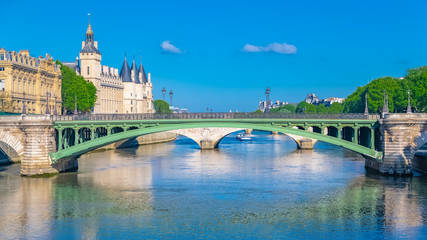 Paris, the Notre-Dame bridge, and the Conciergerie on the ile de la Cité