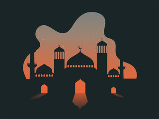 Vector illustration of mosque on abstract stars night background.