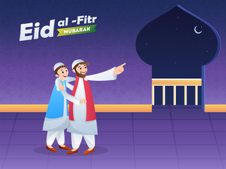Cartoon character of happy men's hugging each other and seeing moon in occasion of Eid-Al-Fitr Festival. Poster or banner design.