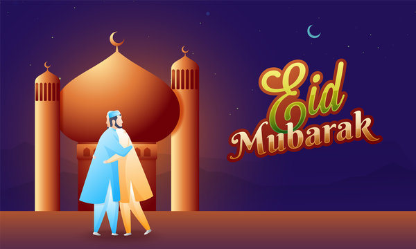 Beautiful poster and banner design with illustration of happy men hugging  each other in front of mosque in occasion of Islamic Festival Eid Mubarak.  Stock Vector | Adobe Stock