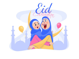 Cartoon character of Islamic women hugging each other in Eid Mubarak Festival celebration. Poster or banner design.