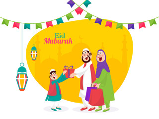 Cartoon character of Islamic couple wishing and giving gift to a child on occasion of Islamic Festival Eid Mubarak.