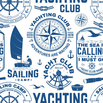 Yacht club seamless pattern or background. Vector. Concept for yachting shirt, print, stamp or tee. Design with sea anchor, hand wheel, compass, sextant and rope knot silhouette.
