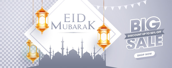 Obraz premium Eid Mubarak Big Sale with Discount offer header or banner design on gray background.