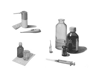 Set of various medications, isolated on white. Black and white beautiful pencil illustration. Syringe, ampoule, medicinal solutions.