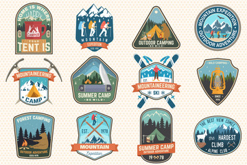 Set of mountain expedition and summer camp patches. Vector Concept for shirt or print, stamp, badge. Vintage typography design with forest camp, mountains expedition. Outdoors adventure emblems