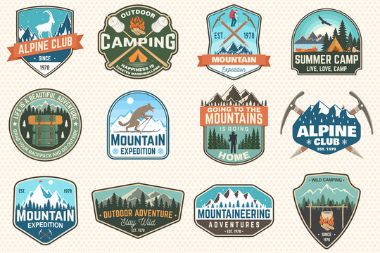 Set of mountain expedition and summer camp patches. Vector Concept for shirt or print, stamp, badge. Vintage typography design with forest camp, mountains expedition. Outdoors adventure emblems
