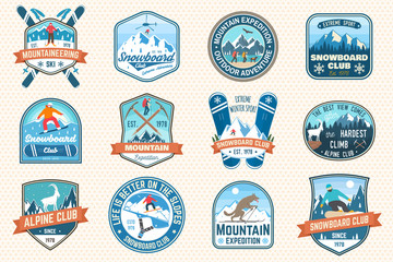 Set of mountain expedition and snowboard club patch. Vector. Concept for badge, print, stamp. Vintage typography design with mountaineers and mountain silhouette. Outdoors adventure emblems.