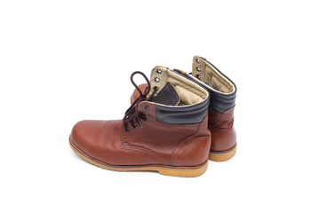 Male brown leather boot, footwear fashion isolated on white background.