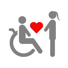 Love between healthy woman and disabled man in wheelchair. Vector illustration.