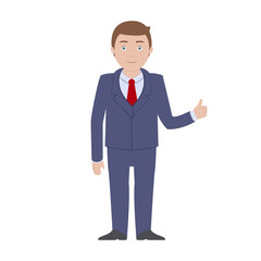 Smiling Caucasian man in blue suit standing and showing thumb up. Vector illustration.