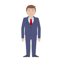 Caucasian man in blue suit standing. Cartoon character. Vector illustration.