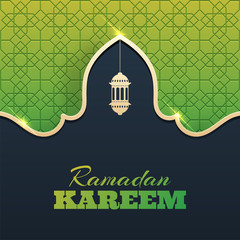 Paper cut stylish Ramadan Kareem greeting design decorated with green islamic pattern background.