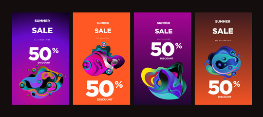 Vector summer sale 50% discount with fluid colorful background. Summer banner, website, poster, and sales promotion background set