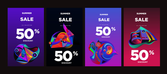Vector summer sale 50% discount with fluid colorful background. Summer banner, website, poster, and sales promotion background set