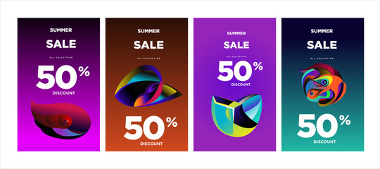 Vector summer sale 50% discount with fluid colorful background. Summer banner, website, poster, and sales promotion background set