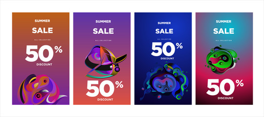 Vector summer sale 50% discount with fluid colorful background. Summer banner, website, poster, and sales promotion background set