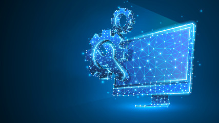 Gears adjustable wrench on computer monitor. Industry, business technology, settings concept. Abstract, digital, wireframe, low poly mesh, Raster blue neon 3d illustration. Triangle, line, dot