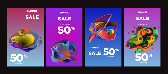 Vector summer sale 50% discount with fluid colorful background. Summer banner, website, poster, and sales promotion background set