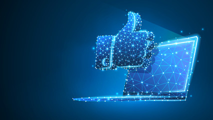 Hand Thumb Up gesture on laptop screen. Business communication, approving, agreement concept. Abstract, digital, wireframe, low poly mesh, Raster blue neon 3d illustration. Triangle, line, dot
