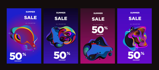 Vector summer sale 50% discount with fluid colorful background. Summer banner, website, poster, and sales promotion background set