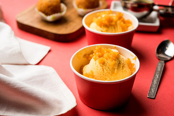 Bundi / Motichoor Ice cream is a fusion of Ice-cream with indian traditional sweet motichur laddoo from India, selective focus