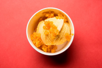 Bundi / Motichoor Ice cream is a fusion of Ice-cream with indian traditional sweet motichur laddoo from India, selective focus