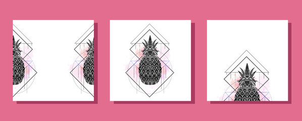 Set of square cards with mystical illustration of a pineapple with a contour drawing, pink watercolor splashes. Poster with magic triangular drawing. Vector element for postcards and your creativity.