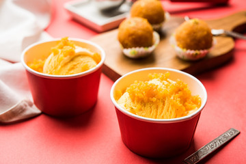 Bundi / Motichoor Ice cream is a fusion of Ice-cream with indian traditional sweet motichur laddoo from India, selective focus