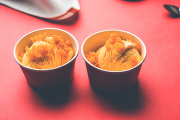 Bundi / Motichoor Ice cream is a fusion of Ice-cream with indian traditional sweet motichur laddoo from India, selective focus