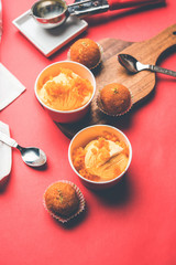 Bundi / Motichoor Ice cream is a fusion of Ice-cream with indian traditional sweet motichur laddoo from India, selective focus