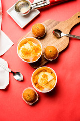 Bundi / Motichoor Ice cream is a fusion of Ice-cream with indian traditional sweet motichur laddoo from India, selective focus