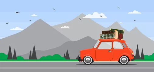 Fotobehang Travel by car. Road trip. Time to travel, tourism, summer holiday. Flat design vector illustration © gerik_a