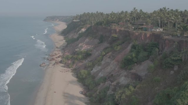 Varkala beach in Kerala, India, 4k aerial ungraded/flat
