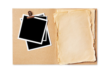 Folder with blank old yellowed paper and mockup for vintage photo