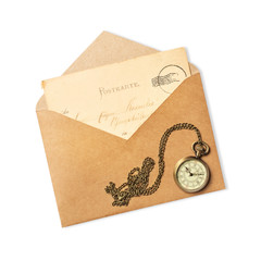 Old vintage yellowed cards with envelope and pocket watch