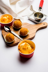 Bundi / Motichoor Ice cream is a fusion of Ice-cream with indian traditional sweet motichur laddoo from India, selective focus