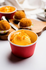 Bundi / Motichoor Ice cream is a fusion of Ice-cream with indian traditional sweet motichur laddoo from India, selective focus