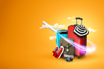 Creative background, red suitcase, sneakers, plane on a yellow background. Concept of travel, tourism, vacation, vacation, dream. Copy space. 3D illustration, 3D rendering