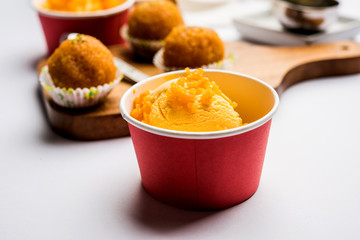 Bundi / Motichoor Ice cream is a fusion of Ice-cream with indian traditional sweet motichur laddoo from India, selective focus