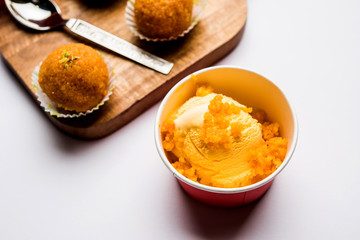 Bundi / Motichoor Ice cream is a fusion of Ice-cream with indian traditional sweet motichur laddoo from India, selective focus