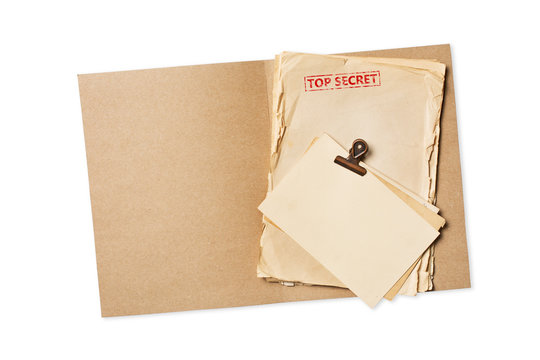Folder with top secret old yellowed paper and mockup vintage cards