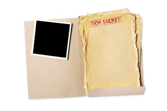 Folder with top secret old yellowed paper and mockup for vintage photo