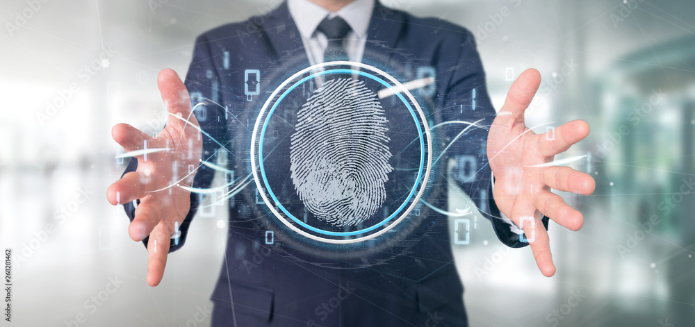 Poster businessman holding a digital fingerprint identification and binary code 3d rendering
