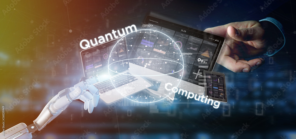 Poster cyborg hand holding quantum computing concept with qubit and devices 3d rendering