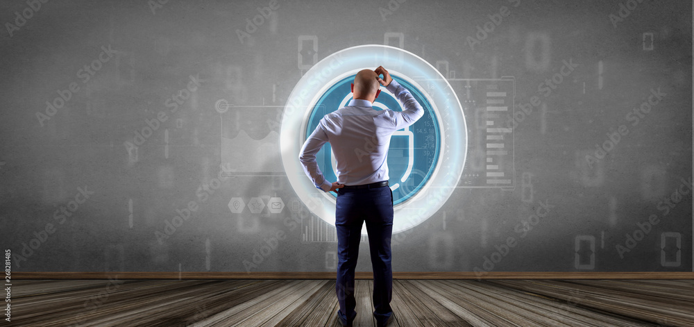 Poster businessman in front of a wall with security padlock wheel icon with stats and binary code 3d render