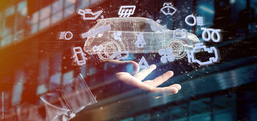 Poster man holding smartcar icon around an automobile 3d rendering