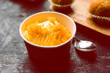 Bundi / Motichoor Ice cream is a fusion of Ice-cream with indian traditional sweet motichur laddoo from India, selective focus