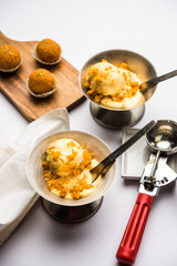Bundi / Motichoor Ice cream is a fusion of Ice-cream with indian traditional sweet motichur laddoo from India, selective focus
